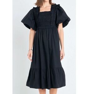 Anthropologie English Factory Black Size Small Cotton Smocked Midi Ruffled Dress